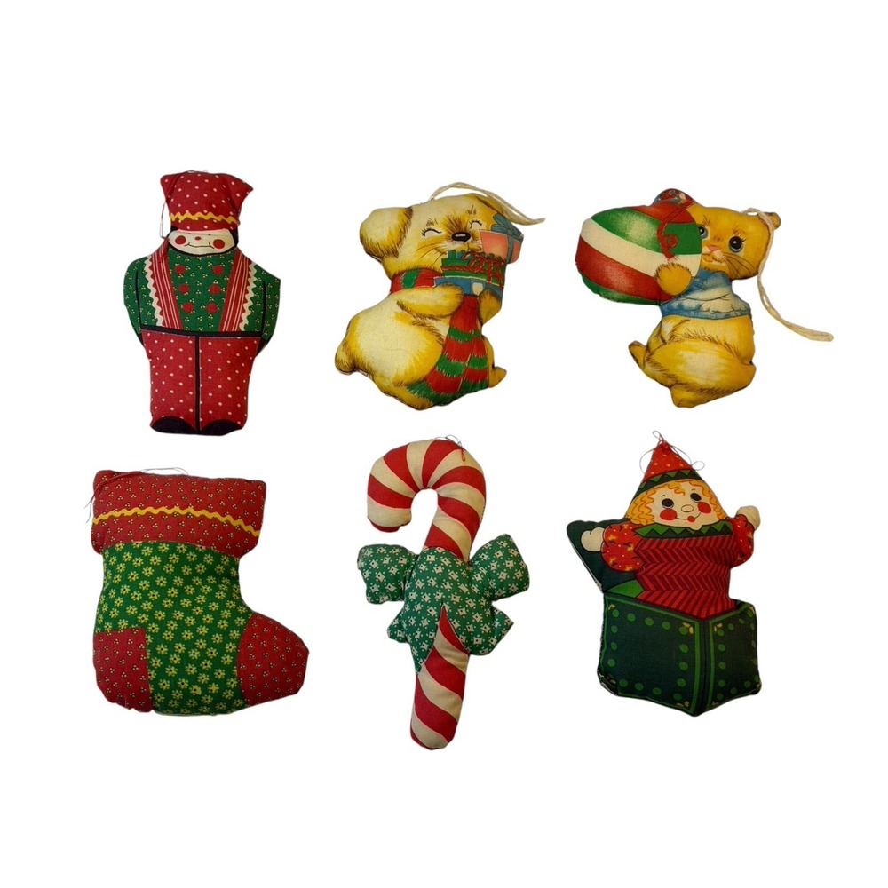 Set Of 6 Handmade Hand‎ Sewn Christmas Ornaments Candy Cane Soldier Cat Stocking